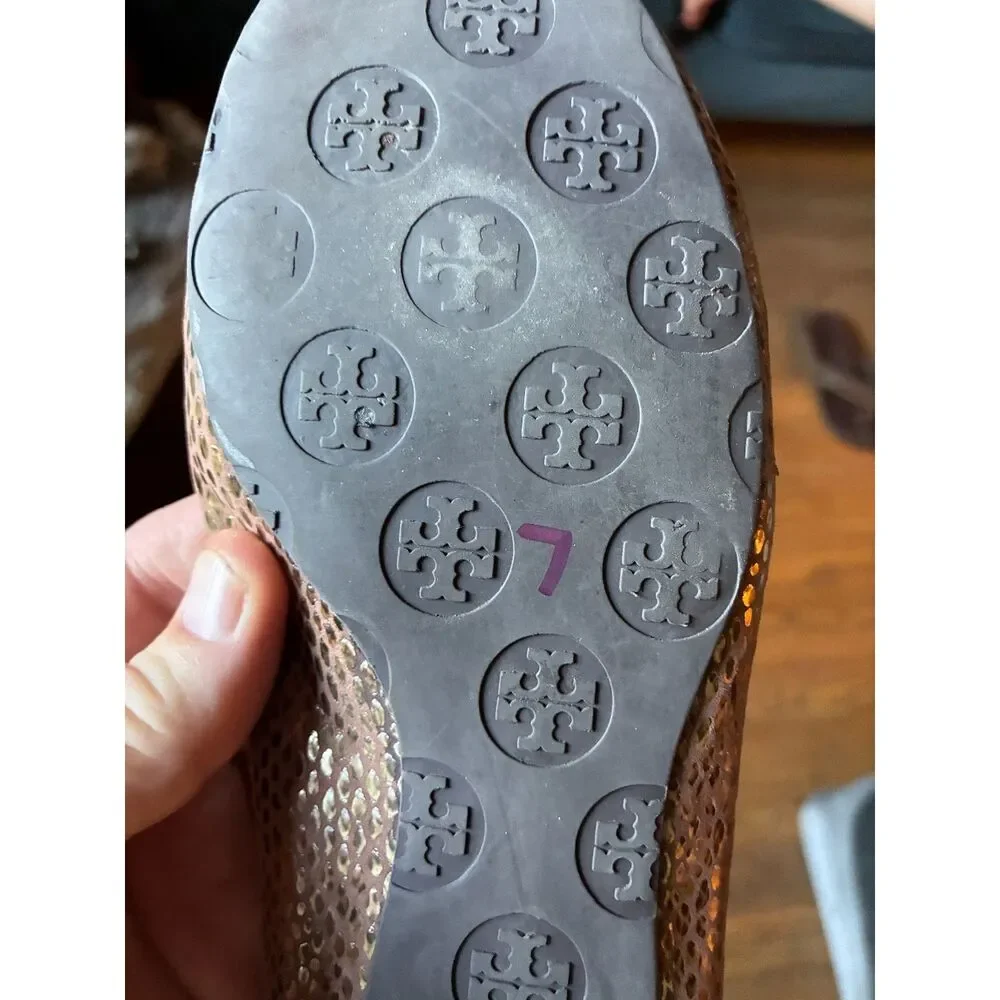 Tory Burch Reva Snake Tan Gray Gold Logo Leather Ballet Flats Shoes   Women's 7